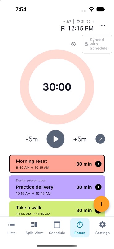 TimeFinder Focus Mode with a 30-minute timer and the upcoming tasks below.